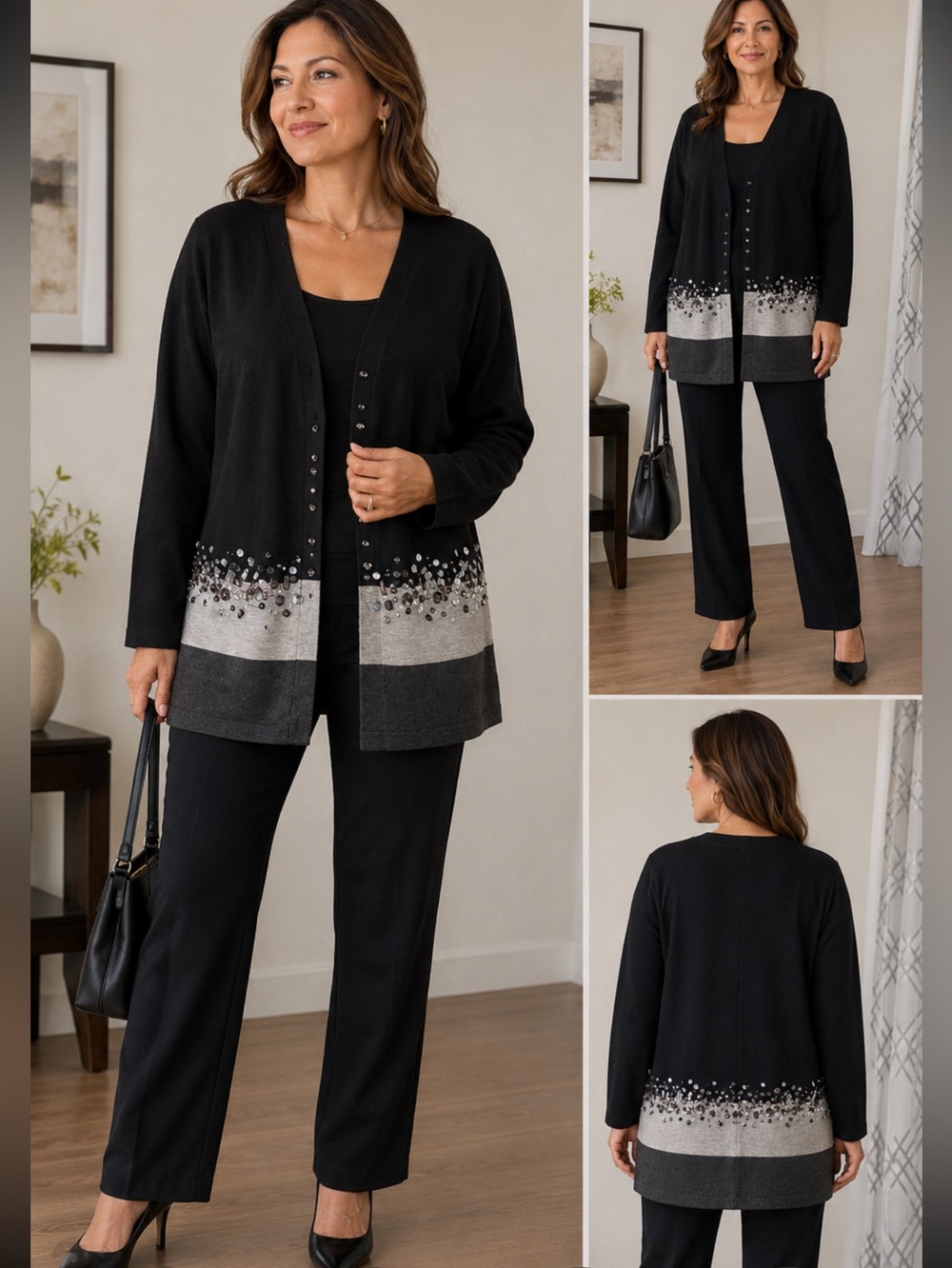Elegant Black and Gray Women's Sweater cardigan with Embellishments size xL